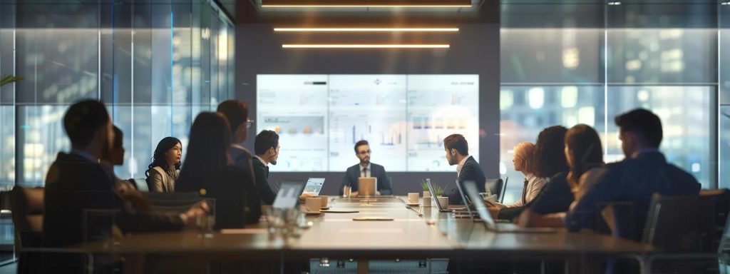 a sleek, modern office conference room is illuminated by soft overhead lighting, where a diverse group of professionals is engaged in a focused discussion, surrounded by digital displays showcasing strategic exit planning data.