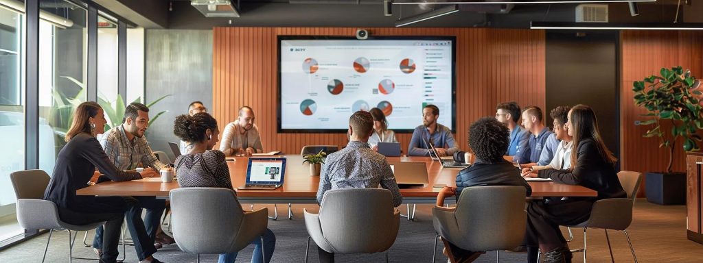 a modern, minimalist office conference room featuring a sleek wooden table and stylish chairs, where a diverse group of professionals engages in a dynamic discussion, with a large screen displaying customer experience strategies in bold visuals.